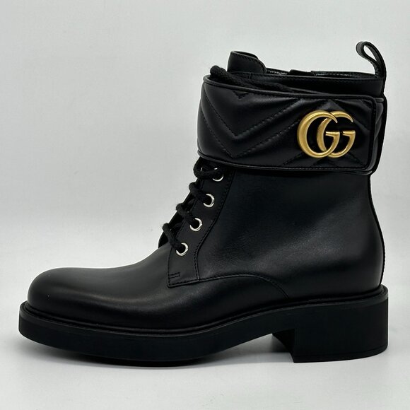 Gucci GG Logo Metalasse Leather Strap Combat Lace Up Ankle Bootie Boots - Picture 5 of 16